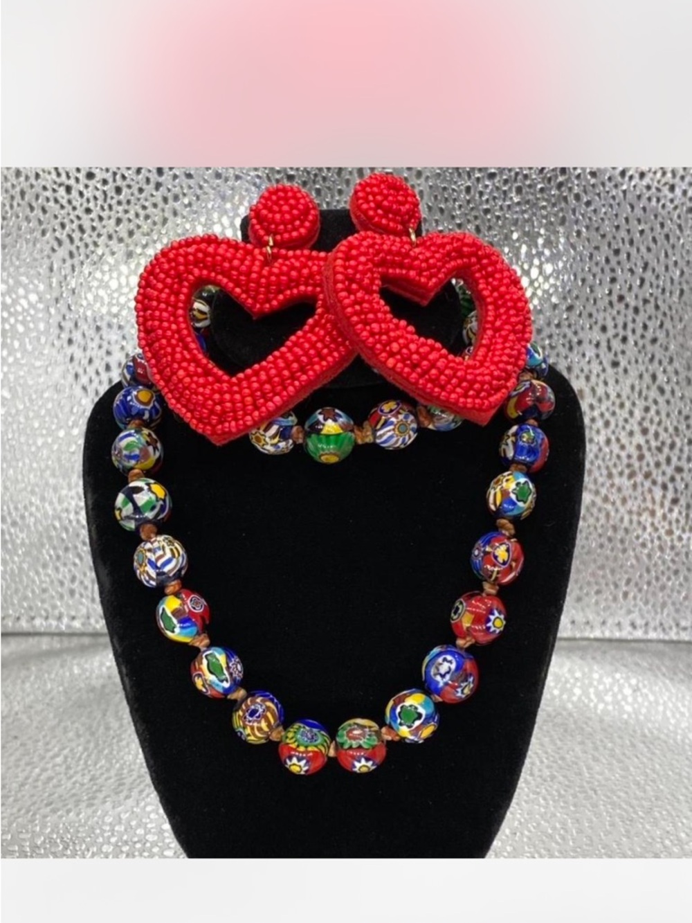^*^ Red Heart Beaded Earrings  \ Multicolor Millefiori Necklace ^*^